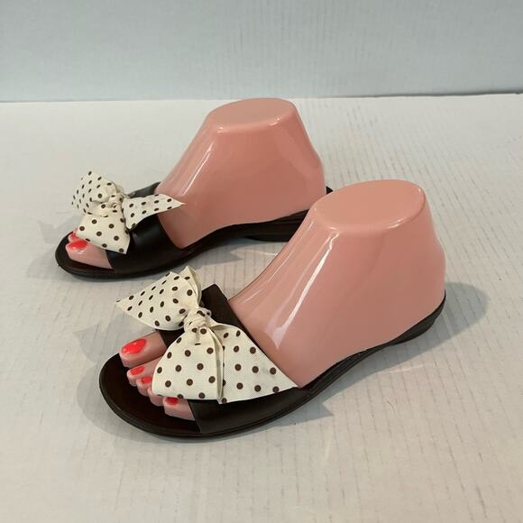 Oka B Okabashi Madison Brown Slides Cream Polkadot Bow FlipFlop Sandal M - Picture 3 of 11